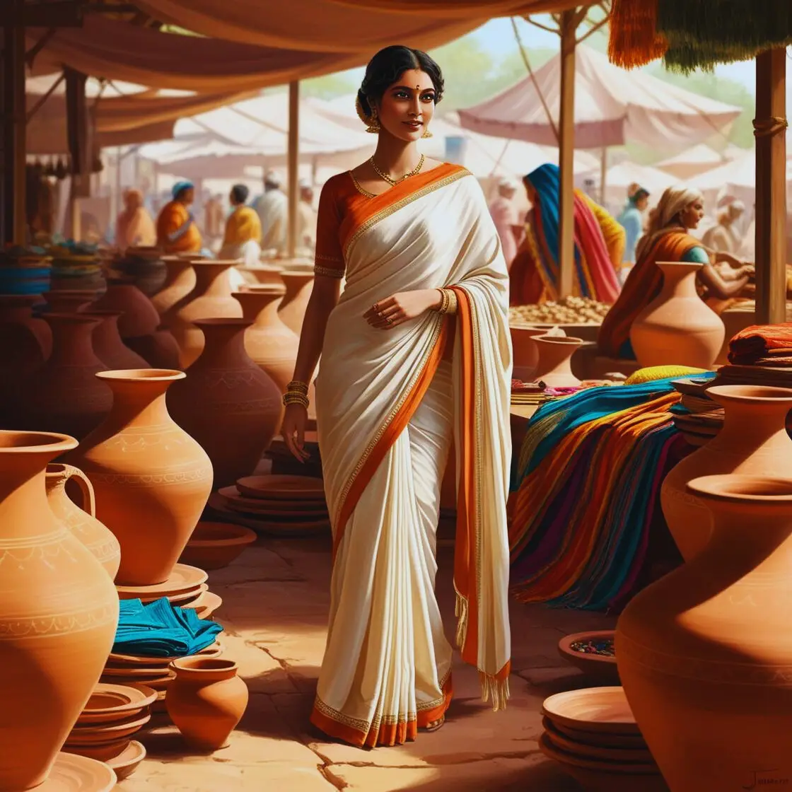 a woman in a white dress standing in a market with many clay pots