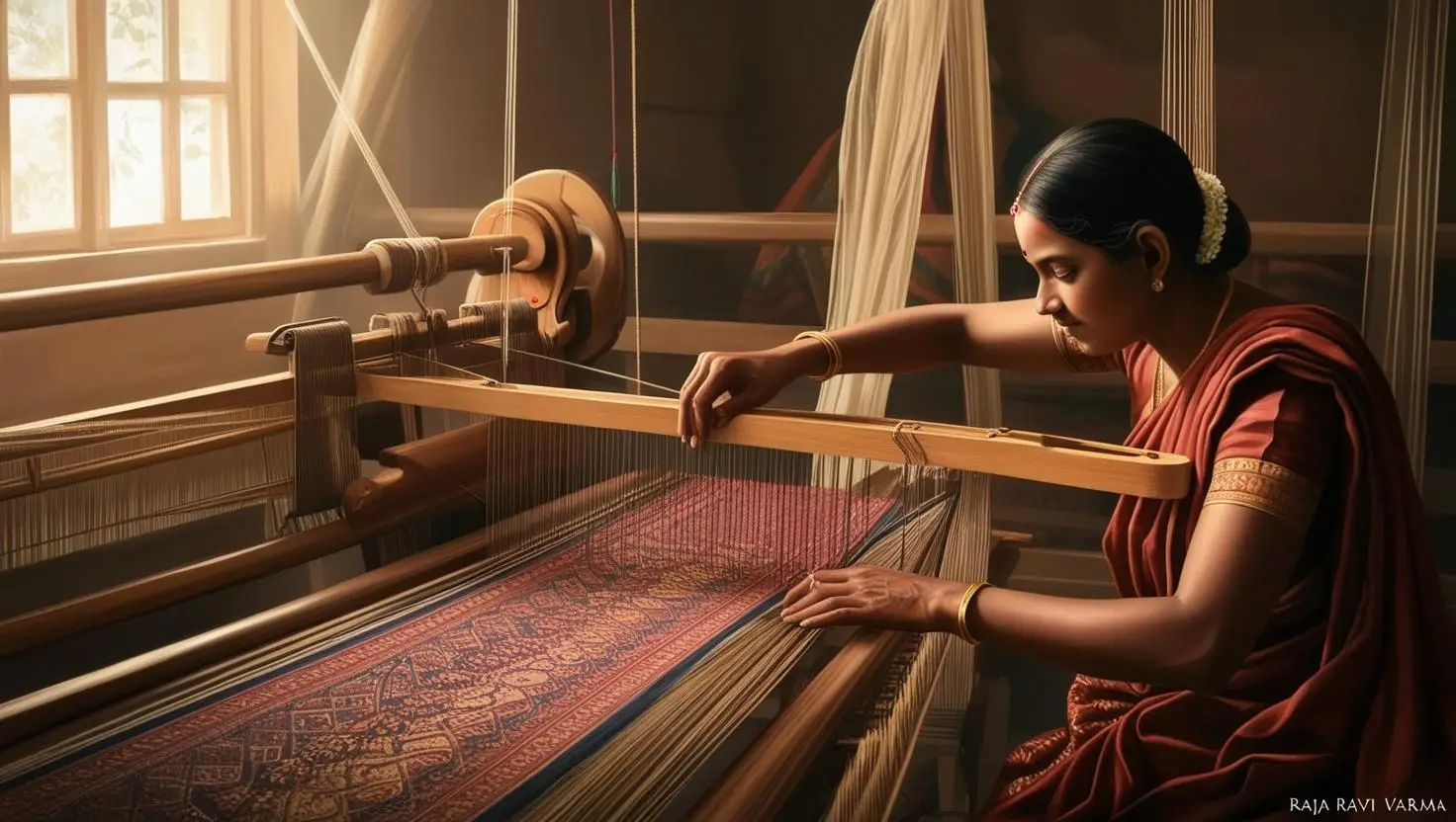 a woman weaving a carpet